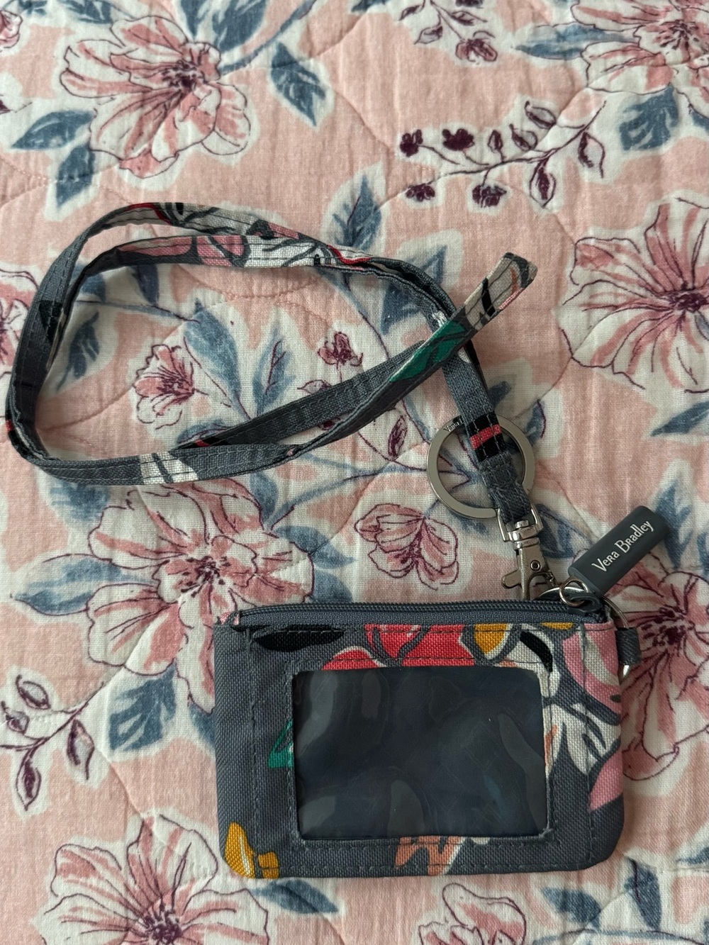 Vera Bradley Gray Floral Lanyard ID Case with Multicolor Flowers
